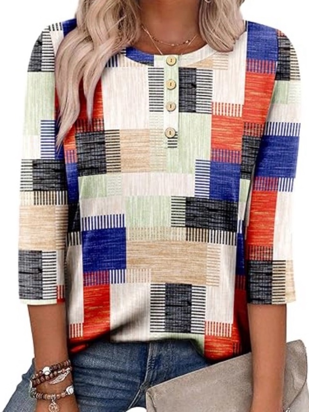 Women's Multicolor Geometric Button-Front 3/4 Sleeve Top